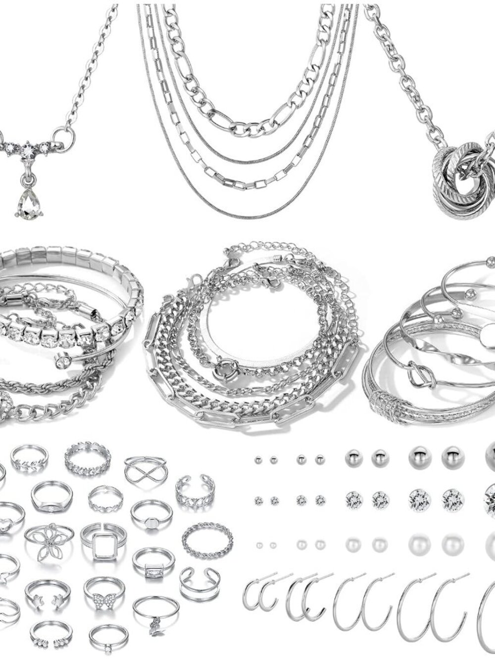 36 Pcs Silver Plated Jewelry Set With 3 Pcs Necklace, 12 Pcs Bracelet, 7 Pcs Ear